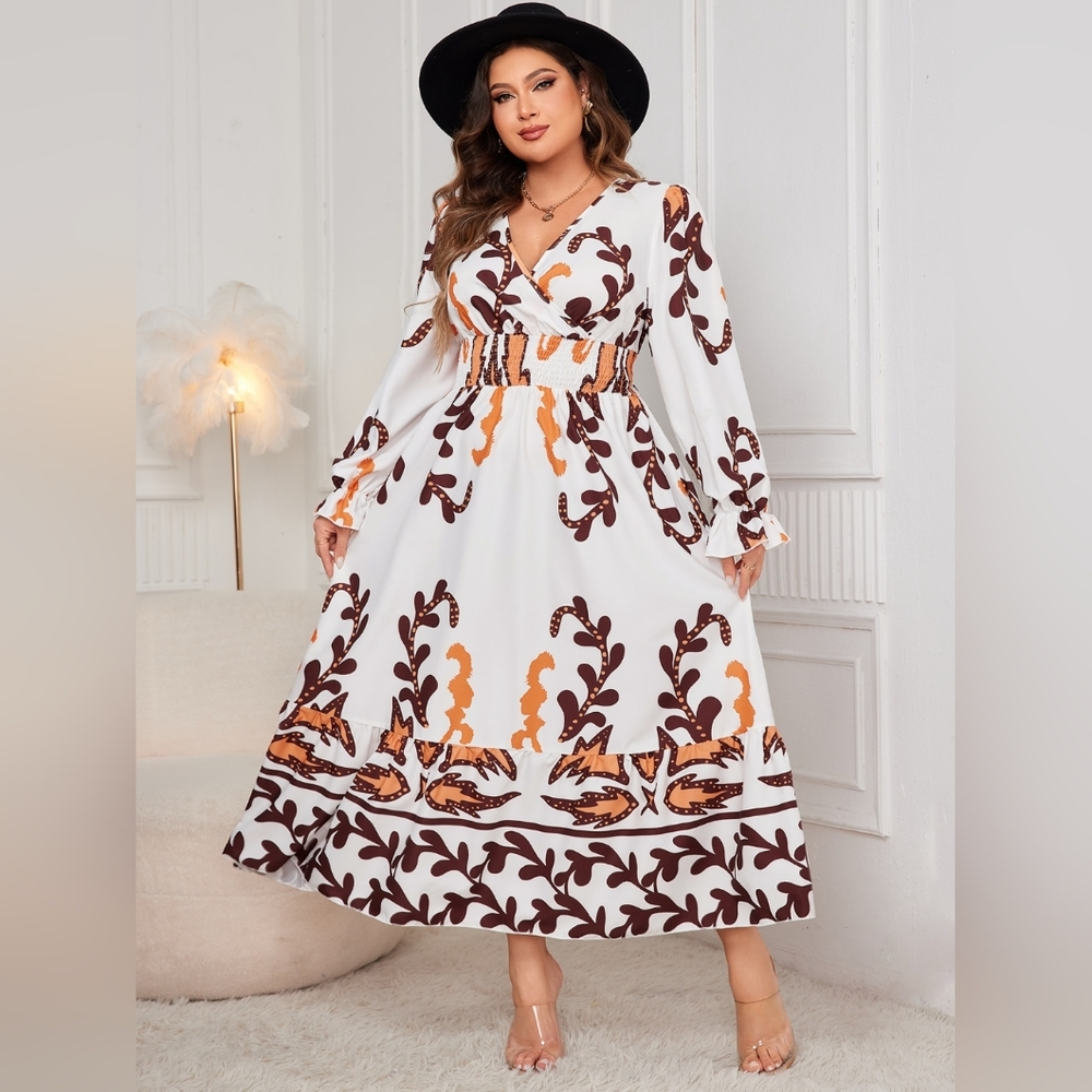 Boho Chic Hippie Farmhouse V-neck Long-Sleeve Ruffle Smocked Waist Maxi Dress